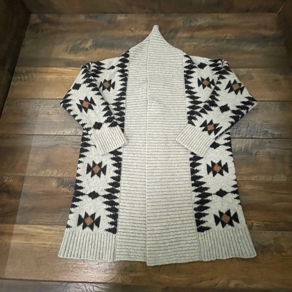 Venario Womens Southwestern Geometric Wool Blend Open Front Cardigan Grey L Boho